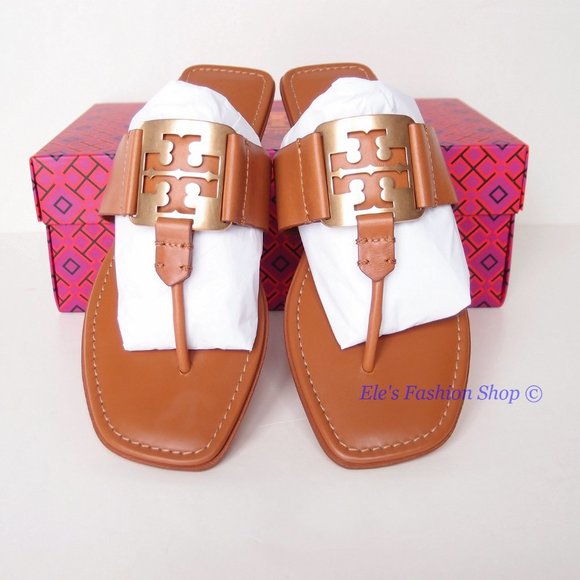 NIB Tory Burch Georgia Logo Leather Thong Sandal Aged Camello US 7 7.5 8 9 9.5 - Picture 4 of 16